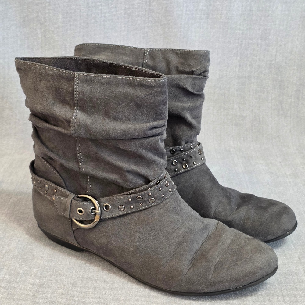Chinese Laundry Slouchy Ankle Boots Women 7.5 Grey Studded Buckle Moto Flat Boot
